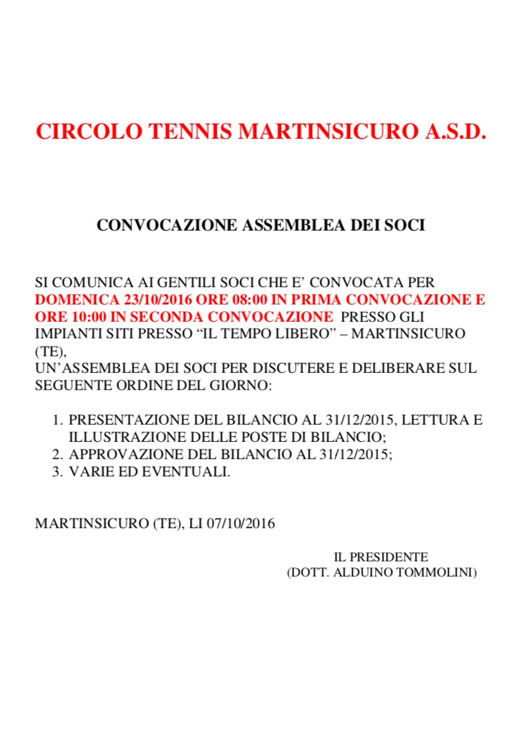 Domenica 23 ottobre assemblea dei soci